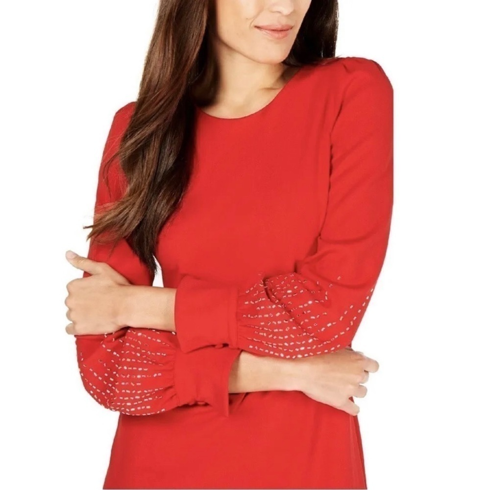 Calvin Klein Sz 14 Red Stretch Crepe Embellished Puff Slve Formal Dress NEW